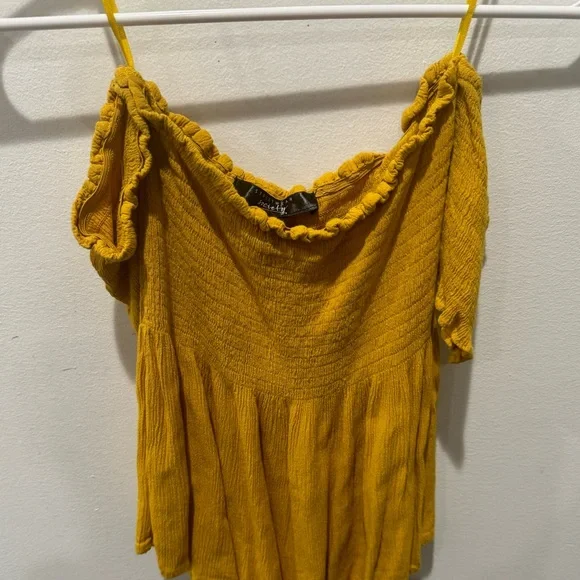 2/$20 Streetwear Society Mustard Ruffled smocked off the shoulder top - Picture 5 of 8
